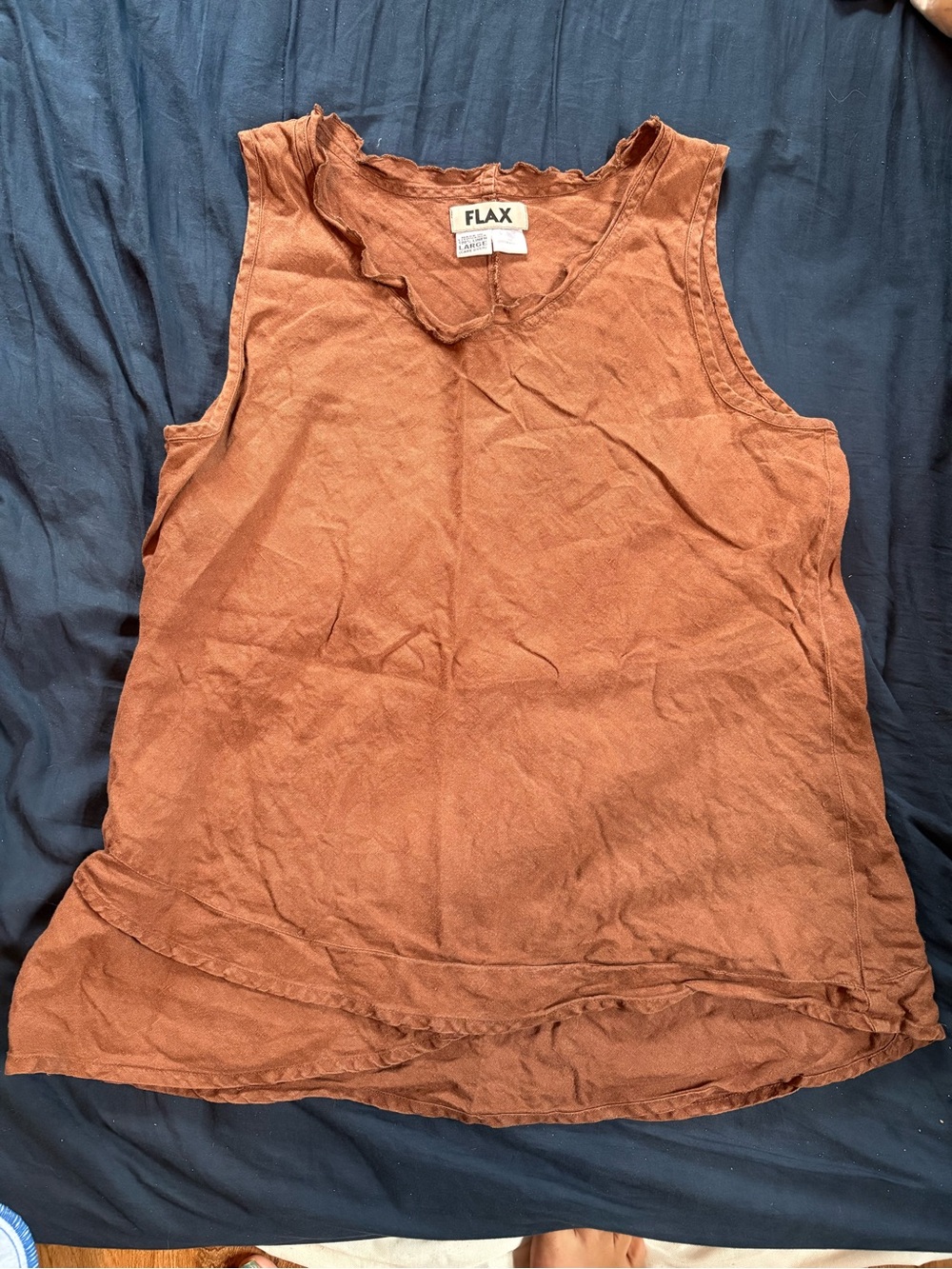 FLAX Rust Brown Ruffled Linen Tank Top Large